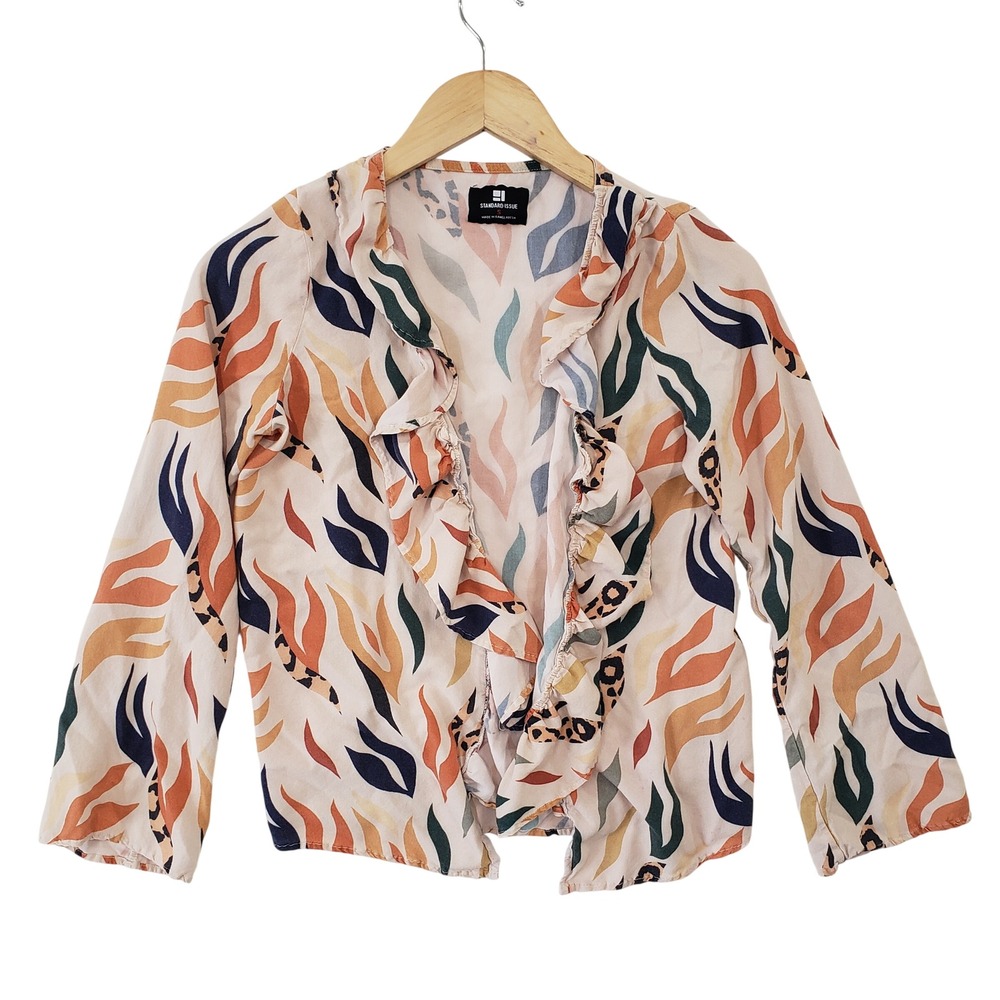 Standard Issue Womens Abstract Print Ruffle Open Front‎ Cardigan Artsy Electric